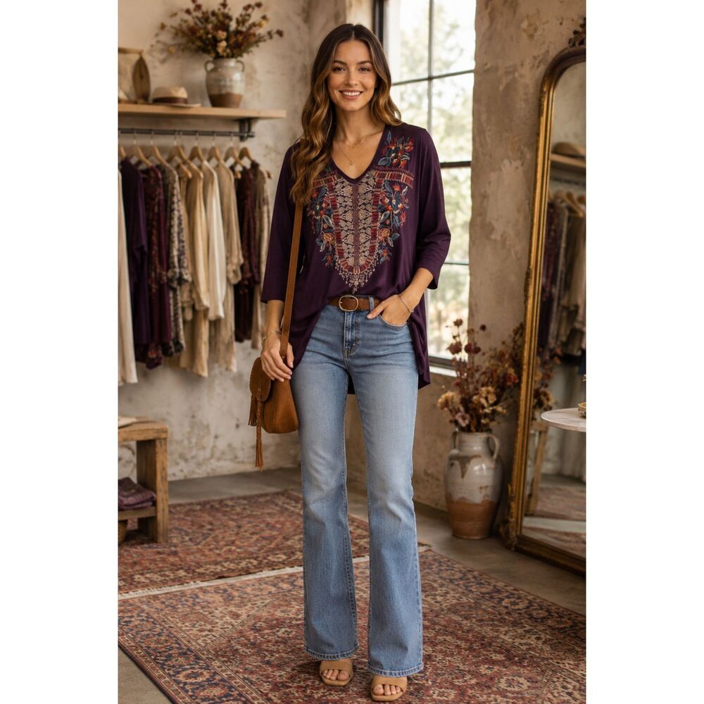 Johnny Was Claude Embroidered Tunic Blouse 3/4 Sleeve Small Artisan Purple Boho